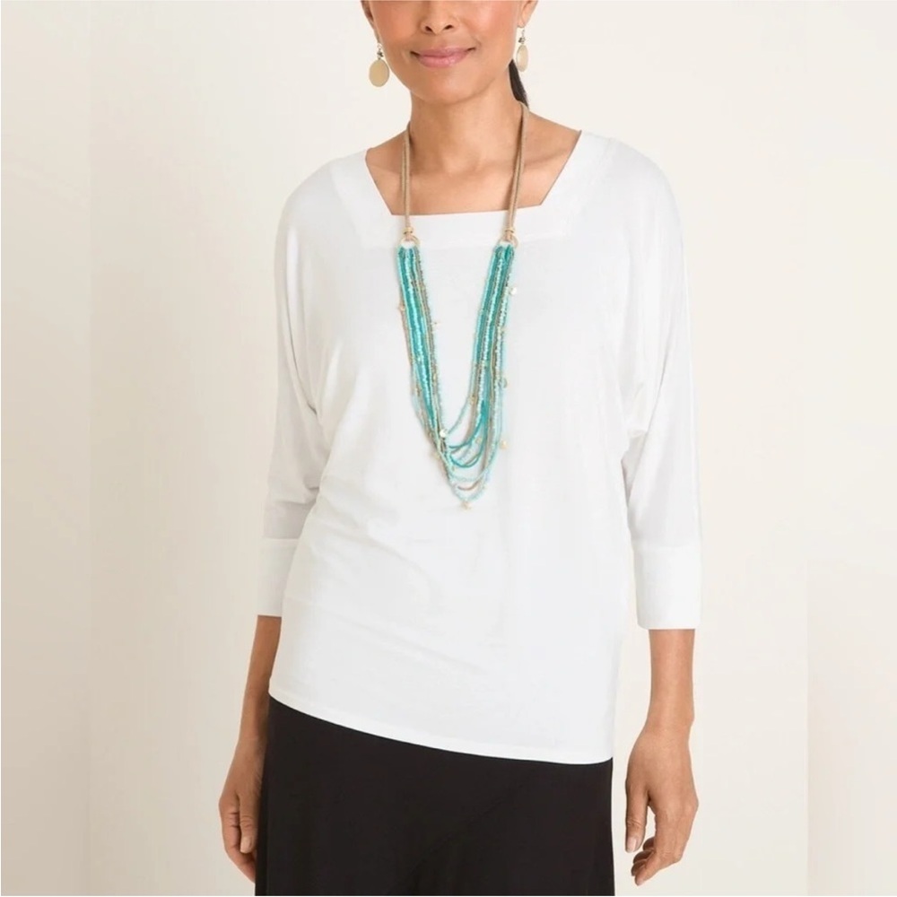 Chico’s Jersey Knit Square Neck Stretch Bat Wing Sleeve top. White. Size 0 Small